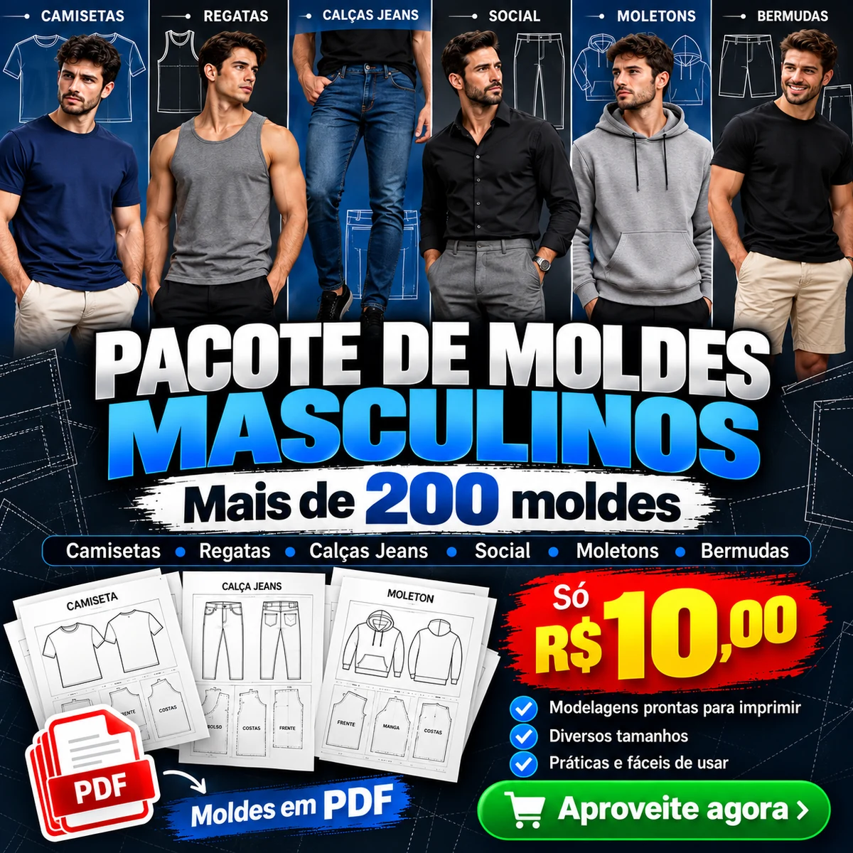 Pacote de moldes masculinos com exemplos de camisetas, regatas, calças, moletons e bermudas